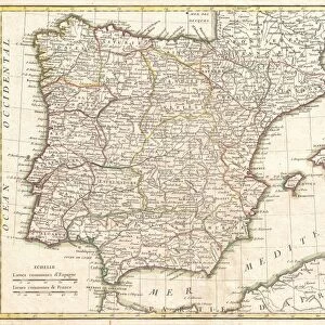 1775, Janvier Map of Spain and Portugal, topography, cartography, geography, land