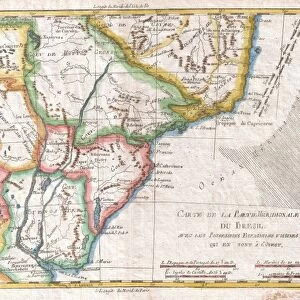 1780, Raynal and Bonne Map of Southern Brazil, Northern Argentina, Uruguay and Paraguay