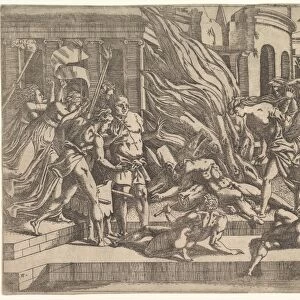 Burning male corpse surrounded dressed undressed figures