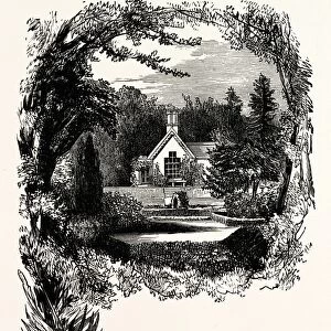 Childrens Cottage and Gardens, Trentham, UK, England, engraving 1870s, Britain
