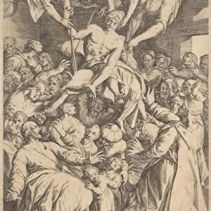 Cripple lowered through the roof to Christ, print maker: Willem Isaacsz. van Swanenburg