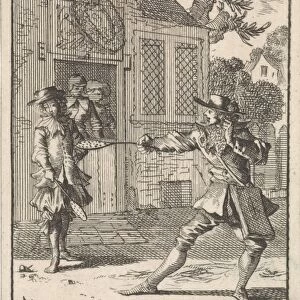Don Pablo (Buscon) meet a fencing master, Caspar Luyken, Jan Claesz ten Hoorn, 1699