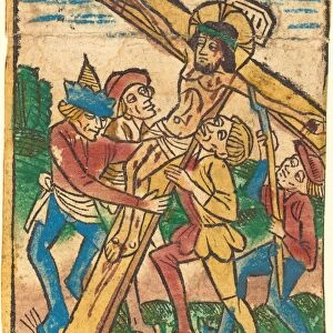 German 15th Century, Raising the Cross, c. 1490, hand-colored woodcut