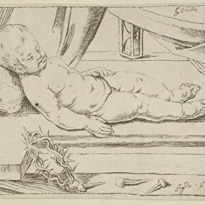 infant Christ asleep cross head resting skull