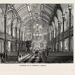 Interior of ST. Andrews Church, London, UK, 19th century engraving