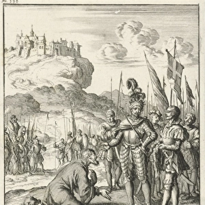 Isaac Komnenos of Cyprus is kneeling in front of Richard the Lionheart, Jan Luyken