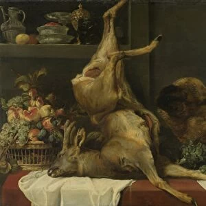 Still life with a deer, a boars head, fruits and flowers, Frans Snijders, 1600