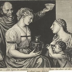 Two lovers with Cupid and Venus, print maker: Hendrick Danckerts, Titiaan, 1635 - 1679