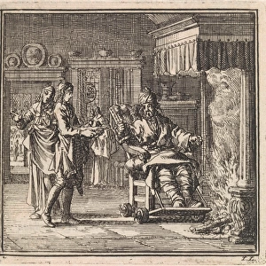 Man with gout gets food served at the fireplace, Jan Luyken, wed