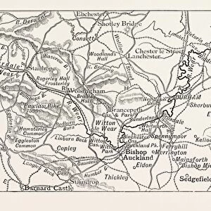 MAP OF THE COURSE OF THE WEAR, in North East England rises in the Pennines and flows