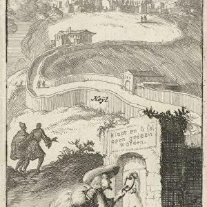 Pilgrim knocks on a door, print maker: Jan Luyken, Johannes Boekholt, 1687