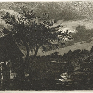 River Landscape with farm, print maker: Francois Joseph Pfeiffer II, 1793 - 1835