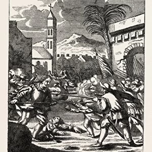 SACK OF PUERTO DEL PRINCIPE. (From the History of the Buccaneers. ), 1870s engraving