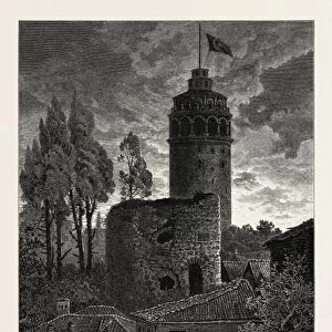 THE TOWER OF GALATA, A FIRE, Constantinople, Istanbul, Turkey, 19th century engraving