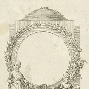 Vignette with women and girl with medallion, print maker: Rienk Jelgerhuis, 1744 - 1806