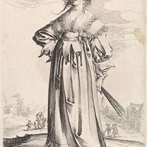 Women with a fan, print maker: Pieter Nolpe, Pieter Jansz. Quast, 1623 - 1653
