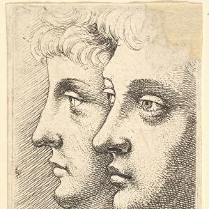 Two youths profile left two grotesque heads facing