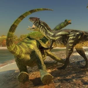 An Allosaurus dinosaur brings down a huge Brachiosaurus