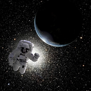 Astronaut floating in deep space with an Earth-like planet in background