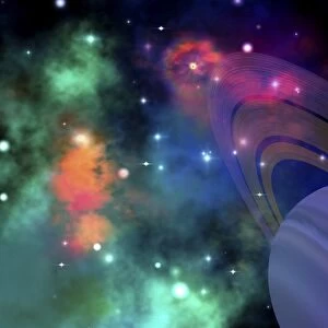 Colorful nebula near a ringed planet