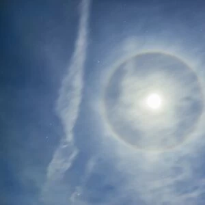 Halo around full moon in a sky of cirrus clouds and contrails