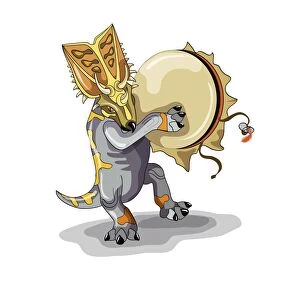 Illustration of a Chasmosaurus dancing a shaman ritual with tambourine