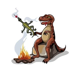 Illustration of a Tyrannosaurus Rex cooking food over a campfire