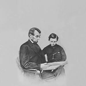 President Abraham Lincoln and his son Tad Lincoln looking at a book