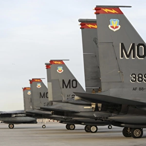 U. S. Air Force F-15E Strike Eagles taxi in after arriving to Nellis Air Force Base