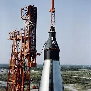 The unmanned Mercury-Atlas capsule sits atop its Atlas launch vehicle