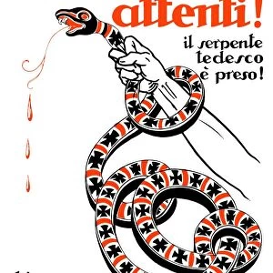 Vintage Italian World War One poster of a hand strangling a snake