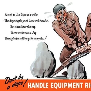 Vintage World War II poster of a cartoon soldier mishandling his rifle