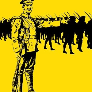 Vintage World War One poster of a soldier pointing towards marching troops