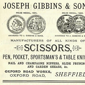Advertisement for Joseph Gibbins and Sons and Sons, scissor and knife manufacturers, Oxford Road Works, Oxford Road, 1889