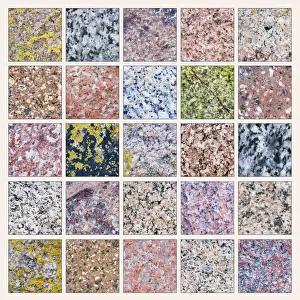 Composite photograph showing diversity of colour and pattern in samples of granite