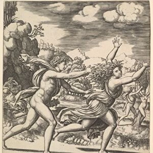 Apollo chasing Daphne who throws her arms up, in the background at right shows the mome