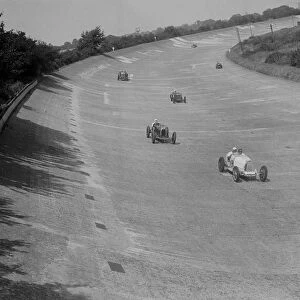 Bugatti T37s of Eileen Ellison ands Smith on Byfleet Banking, BARC meeting, Brooklands, 1933