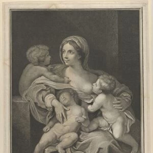 Charity seated nursing an infant, another sleeping on her lap and a third talking to her