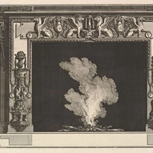 Chimneypiece: Affronted griffons on the lintel and candelabra on the jambs (Ch. accomp