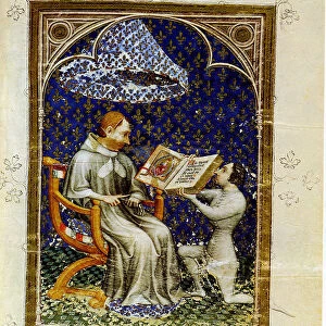Jean de Vaudetar presents his gift of a book to Charles V of France. (From the Bible historiale of Jean de Vaudetar), 1372. Artist: Bondol, Jan (active 1368-1381)