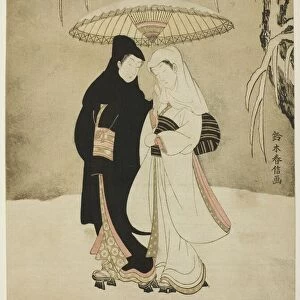 Lovers Beneath an Umbrella in the Snow, c. 1767. Creator: Suzuki Harunobu