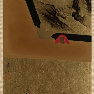 Three Men Looking at Framed Lacquer Drawing. Creator: Shibata Zeshin
