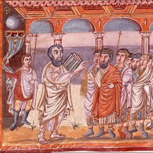 Moses receiving the tablets of law (Miniature from the Moutier-Grandval Bible), ca 830-ca 840. Artist: Anonymous