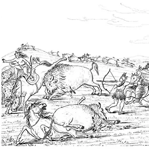 Native Americans hunting buffalo, 1841. Artist: Myers and Co