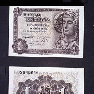A one-peseta note, 1948, with the effigy of the Lady of Elche