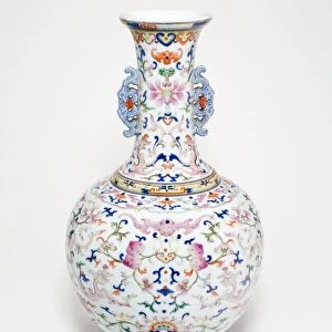 One of a pair of famille-rose lotus bottle vases, Qing dynasty