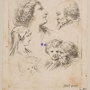 Plate 9: five heads, two young women at left, a bearded man at upper right, a young wo