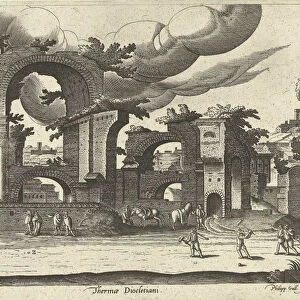 Ruins of the Baths of Diocletian from the side with two men playing croquet in the foreground