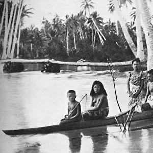 A Samoan canoe with outrigger, and its occupants, 1902. Artist: Kerry & Co