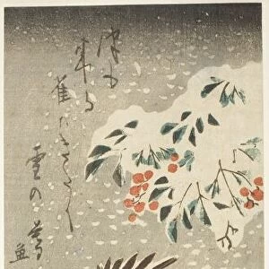Sparrows Flitting about Snow-covered Nandina as More Snow Falls, c. 1840. Creator: Ando Hiroshige